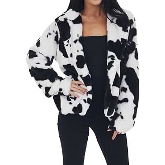 Bibi Boutique Cow Print Faux Fur Jacket Western Cozy Plush Layering Statement - Picture 3 of 11